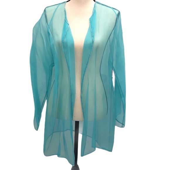 SHAMASK BEADED TURQUIOSE BLUE SILK ORGANZA OPEN JACKET - Picture 12 of 13